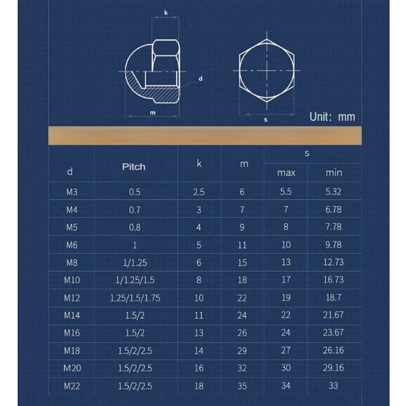 M3 M4 M5 M6 M8 M10 M12 M14 M16 M18 M20 M22 M24 304/316 Stainless Steel Hex Hexagon Dome Cap Nuts Decorative Acorn Nut Blind Nuts