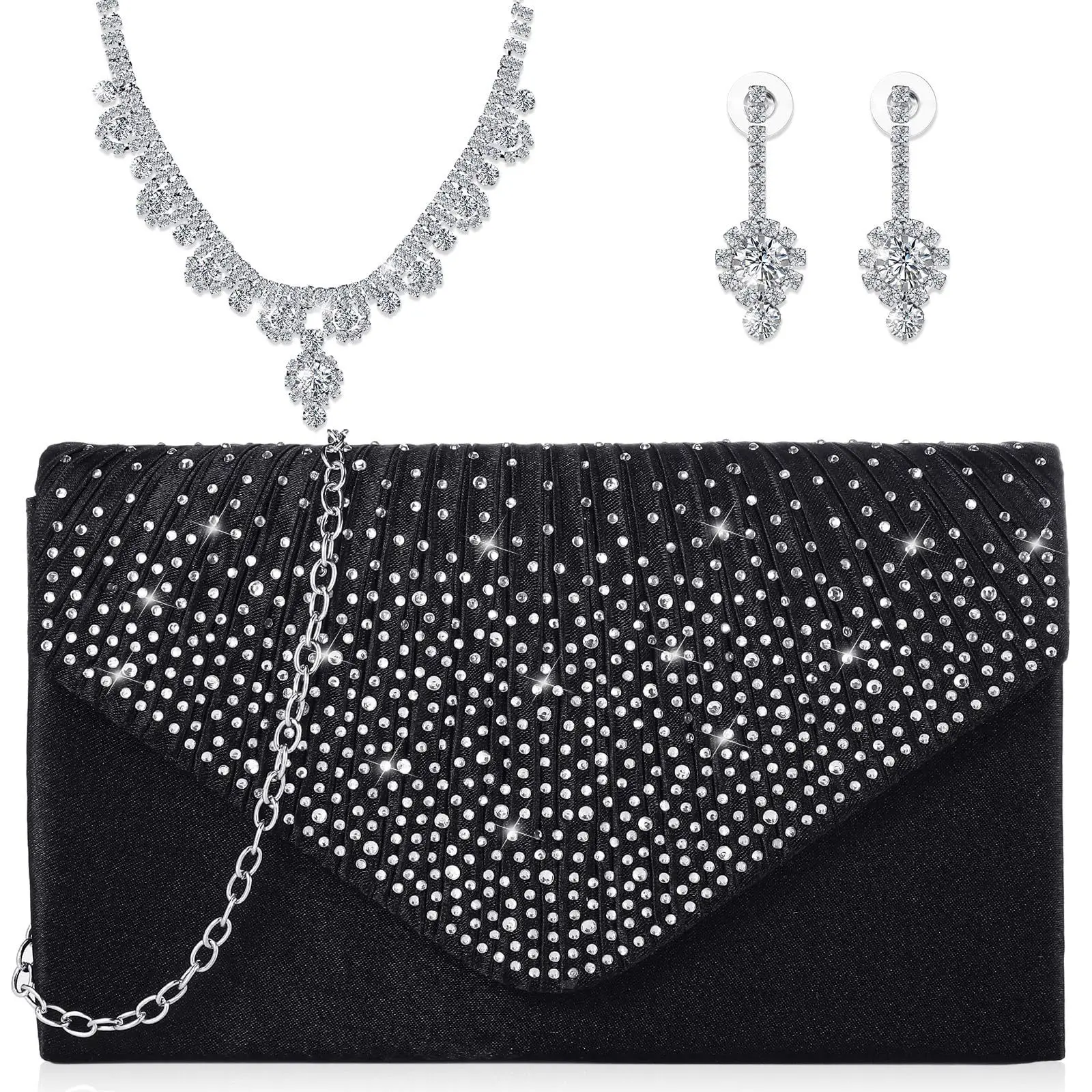

Women's One-Shoulder Dinner Bag, High-End Full Diamond Necklace Earrings, Fashionable And Luxurious Banquet Three-Piece Set