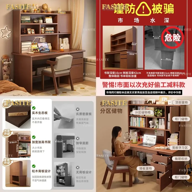 For Solid Wood Desk Student Home Writing Desk Bedroom Bookshelf Integrated Table Bookcase Against The Wall Adult Computer