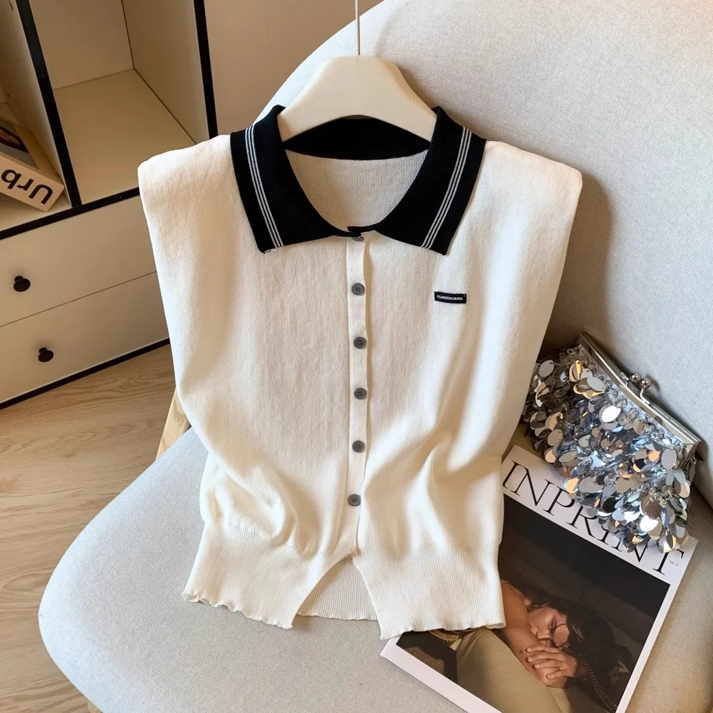 

Lightweight Svel Knitted Open Cardigan Collar Women's Summer Single Button College Sle Color Blo Vest Top