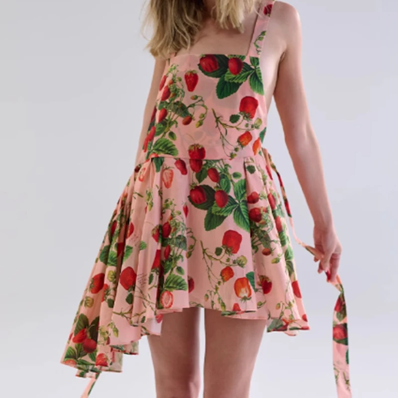 YENKYE Strawberry Print Square Collar Sexy  Backless Mini Tank Dress Women Pleated Hem A-line Short Summer Dresses Holiday Robe
