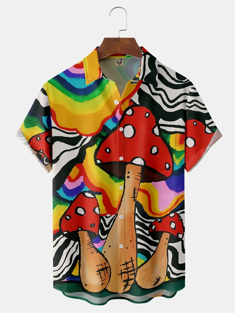 Magic Mushroom Hawaiian Shirts Men Clothes 3D Printed Abstract Graphic Plants Beach Shirt Trippy Short Sleeve Male Tops Blouse