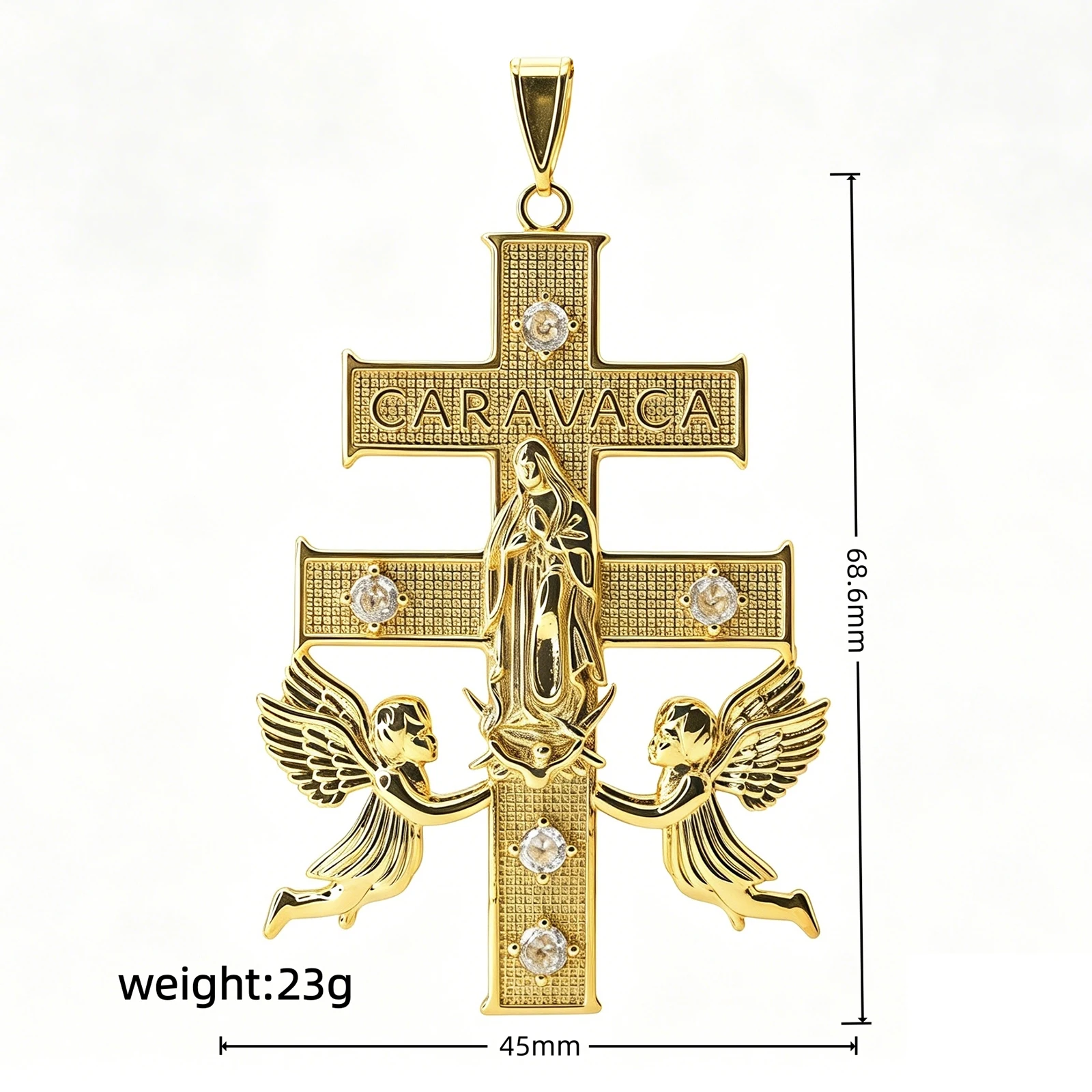 Gold Plated Caravaca Cross Necklace with Virgin Mary & Angels CZ Inlaid Catholic Religious Faith Pendant Jewelry for Women Gift