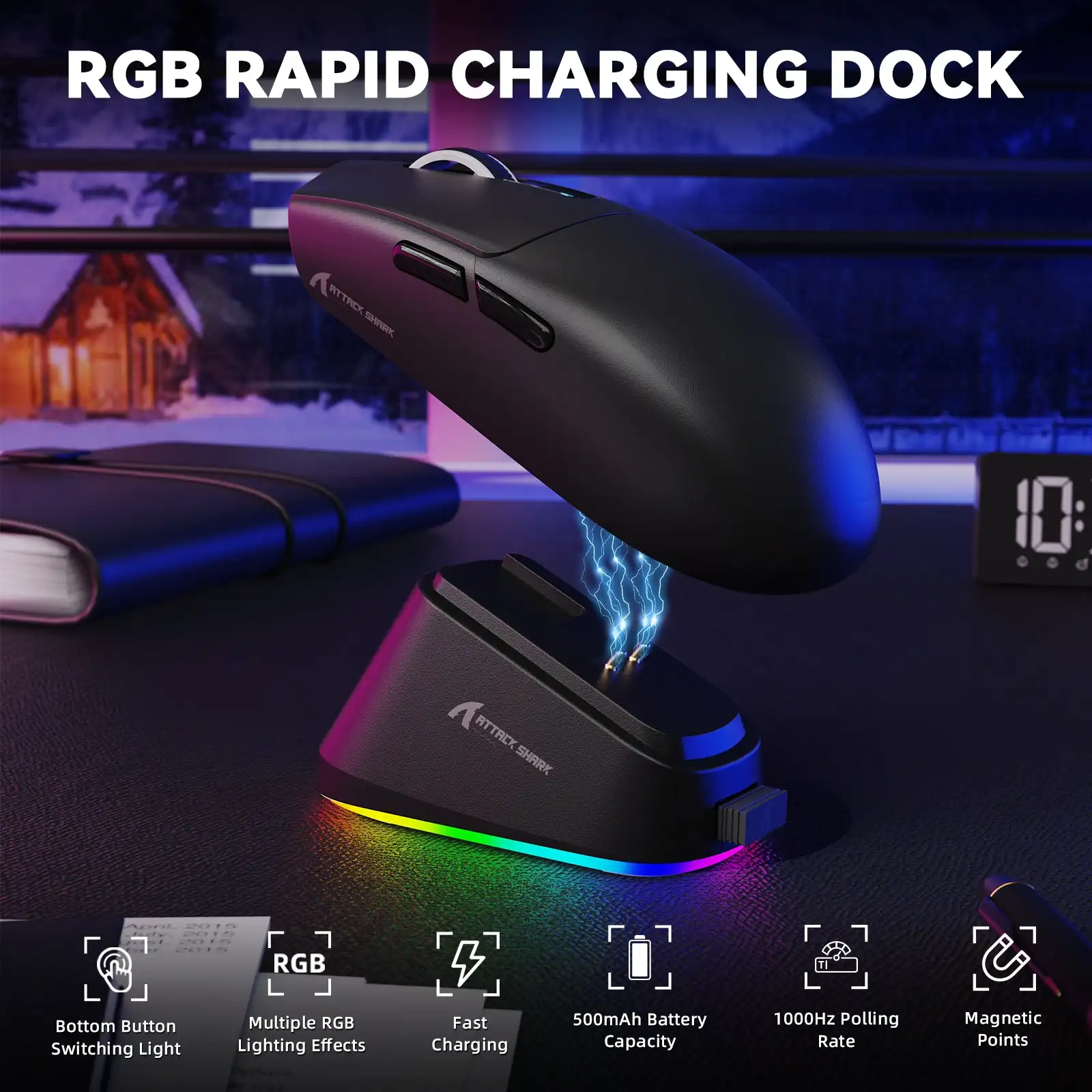 ATTACK SHARK G3 PRO Wireless Gaming Magnetic Charging Dock Mouse,62g Lightweight, PAW3311,1000Hz , Tri-Mode 2.4G Wireless/Bt