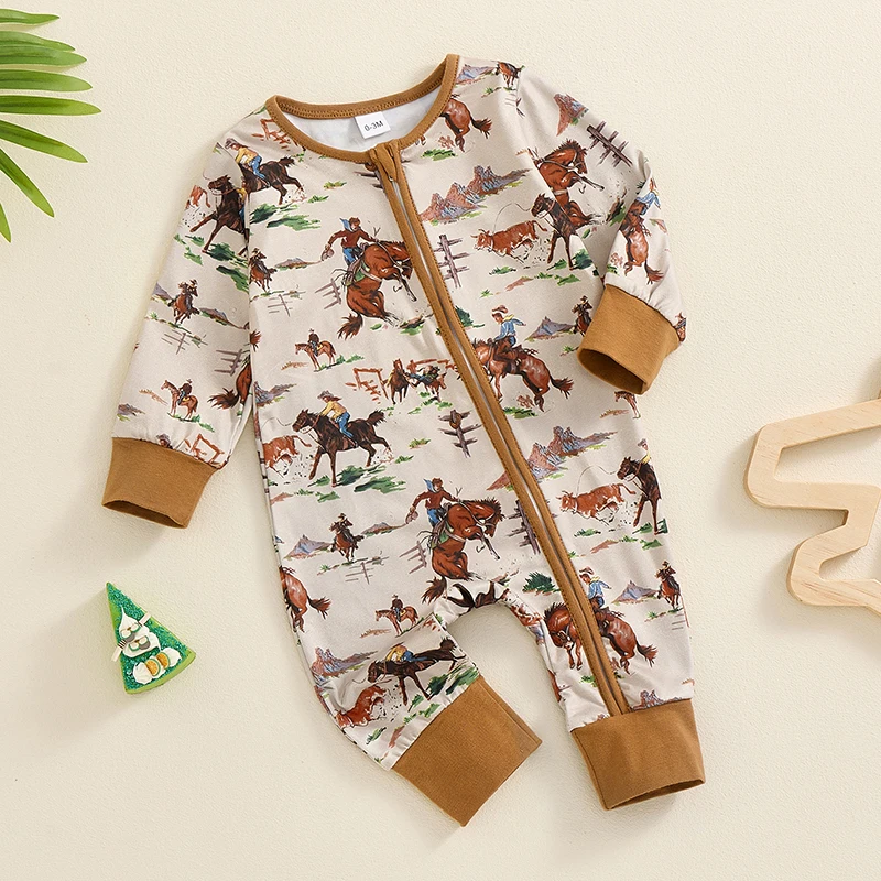 Baby Boy Fall Horse Cow Print Long Sleeve Romper Zipper Jumpsuit Playsuit  Cowboy Outfit Newborn Clothes