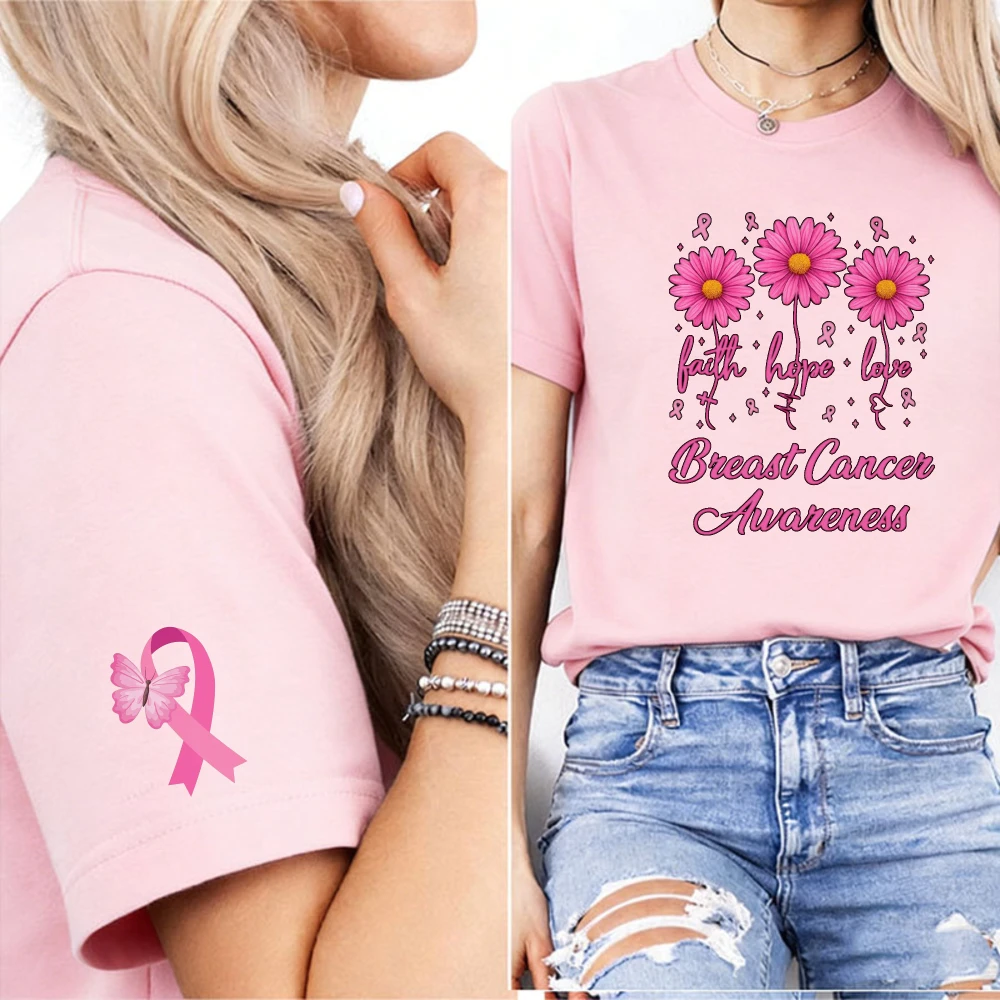 Faith Hope Love Daisy Floral Women T Shirt Butterfly Pink Ribbon Cuff Graphic Breast Cancer Awareness Casual Summer Tee Tops