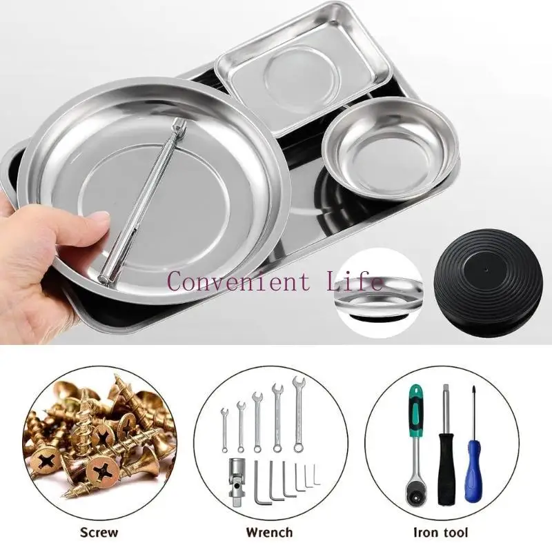 L1EE 3 Pcs Rectangle Round Trays Set Stainless Steel Magnet Tool Tray Parts