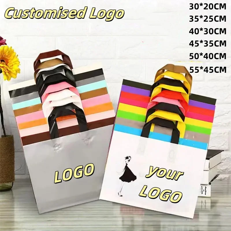 50PC Customised Corporate Brand LOGO Colourful Shopping Bag (with Handle) Wedding Party Plastic Gift Bags Personalised Tote Bags