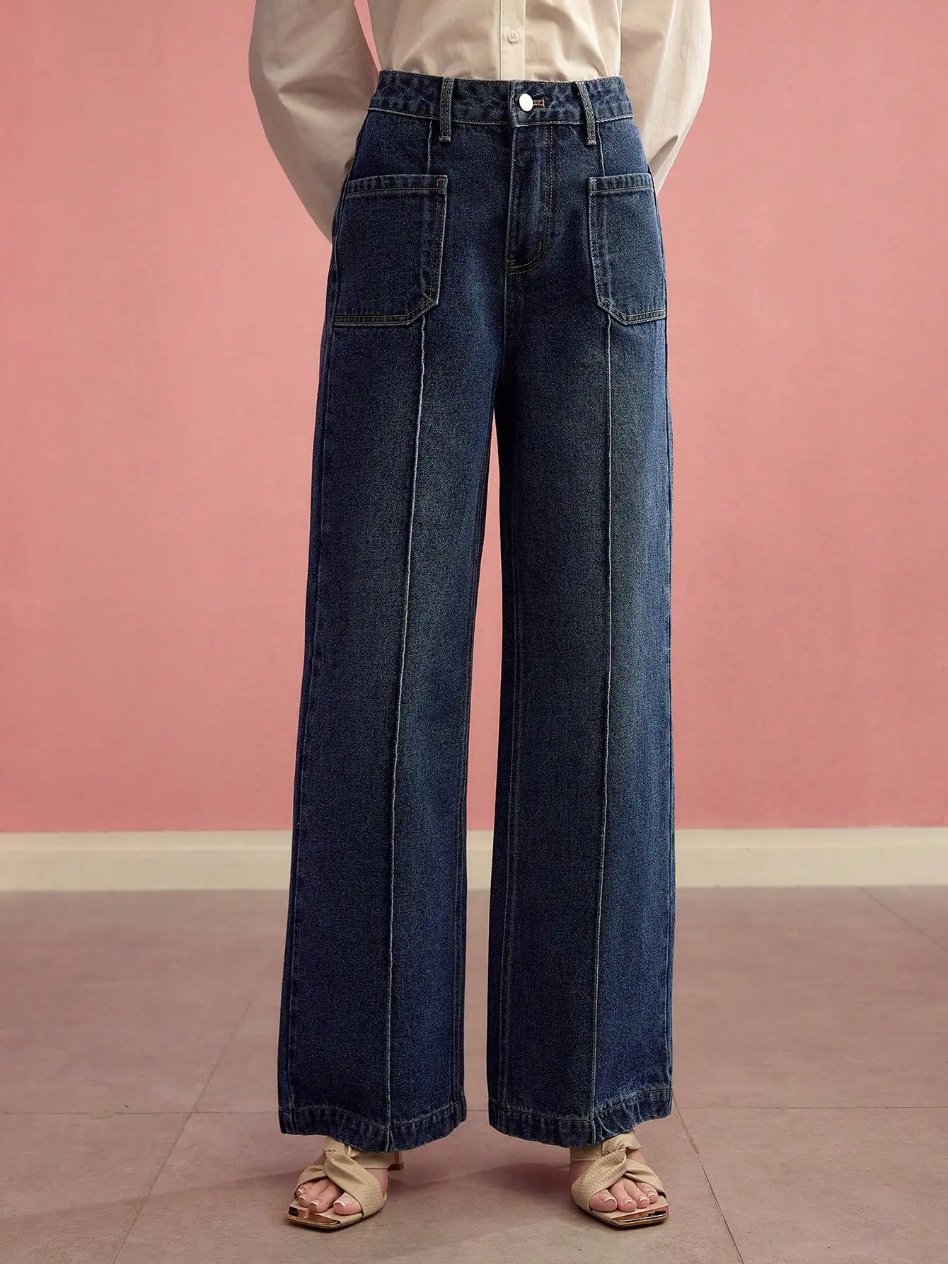 

Джинсы с высокой талией и широкими штанинами, с двумя передними карманами, для повседневной носки весной и летом