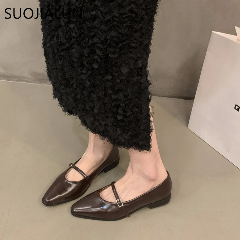 SUOJIALUN 2023 Autumn Women Flat Shoes Fashion Pointed Toe Shallow Slip On Ladies Elegant Csual Ballet Shoes Dress Laofer Shoes