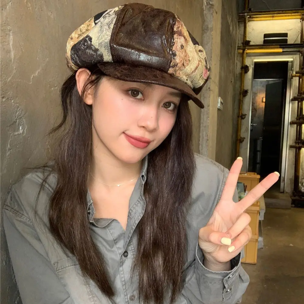 Beret Women's Hong Kong Style Art Retro Splicing Octagonal Caps Autumn/Winter Casual Fashion Versatile Personalized Beret Hats