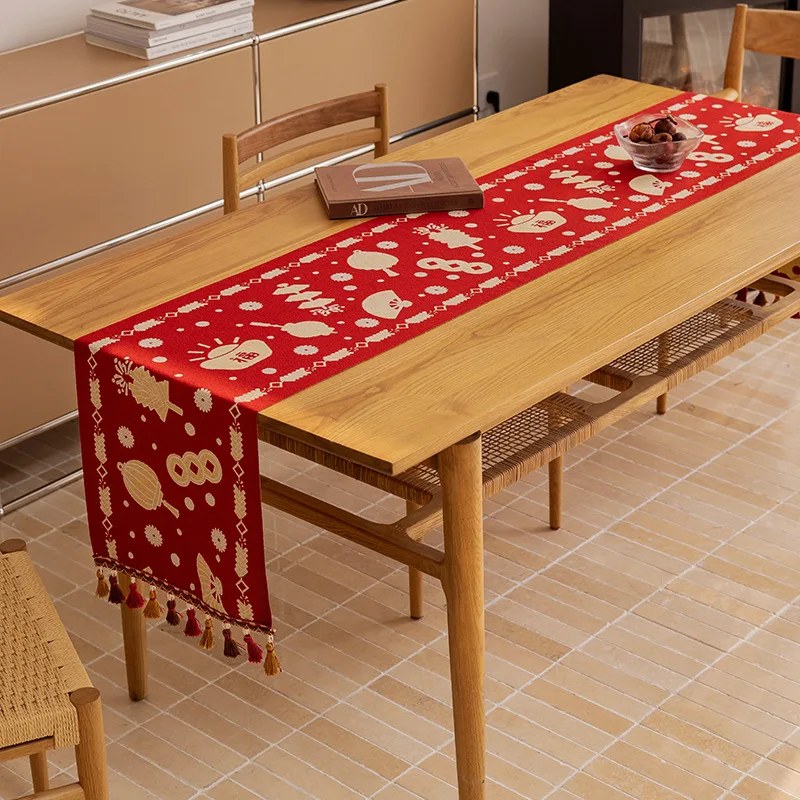 

New Chinese Style New Year Festive Red Restaurant Table Tassel Flag Color Woven Jacquard Wedding Decoration Dining Cabinet Cover