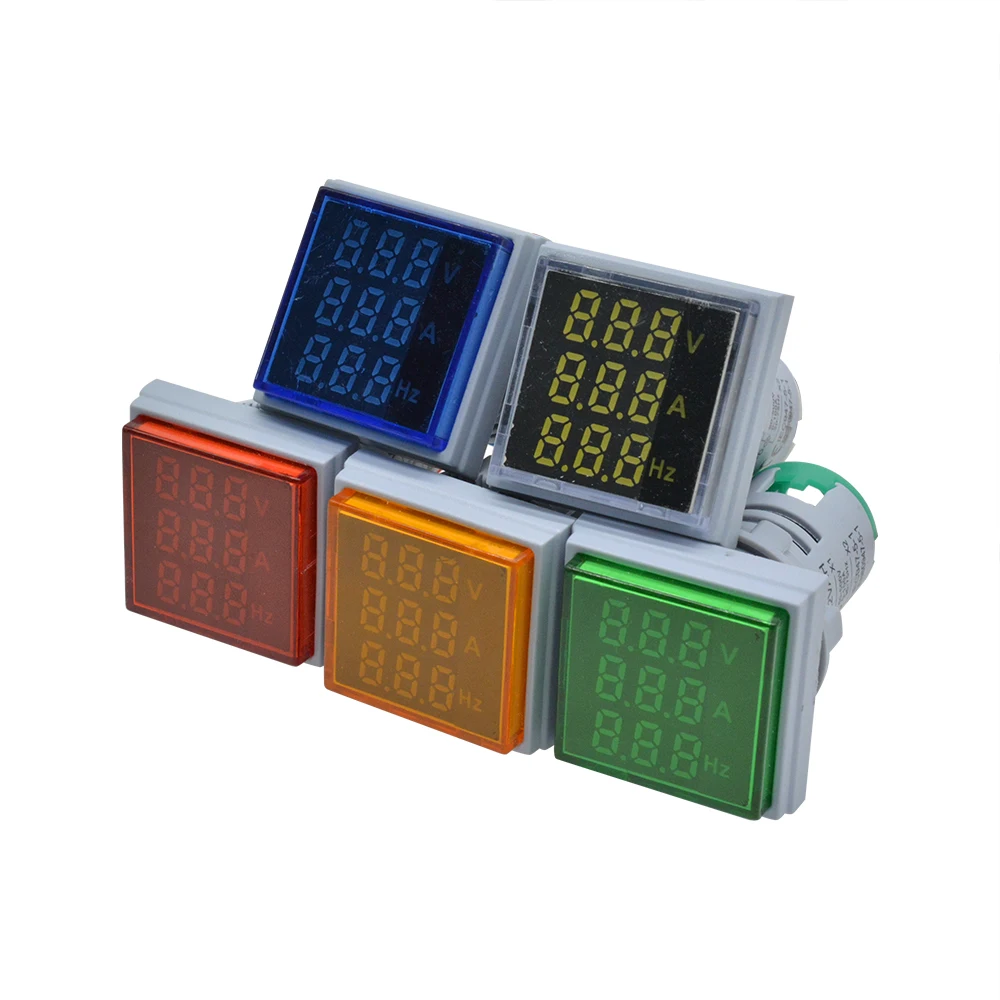 0-100A 60-500V 22MM Square Mini 3-in-1 Digital AC Voltage and Ammeter with Green/Red/Blue/White/Yellow LEDs