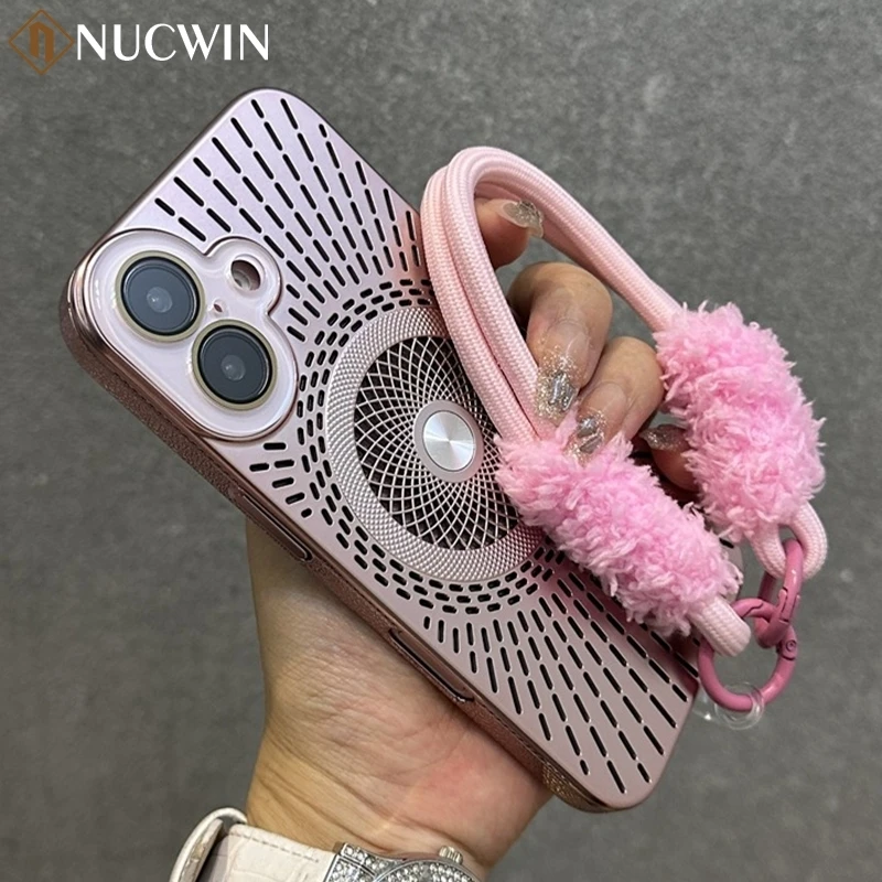 Fashion Heat Dissipation Plush Wristband Magsafe Case For iPhone 16 15 14 Pro Max 11 12 13 Glass Lens Protection Shockpoof Cover