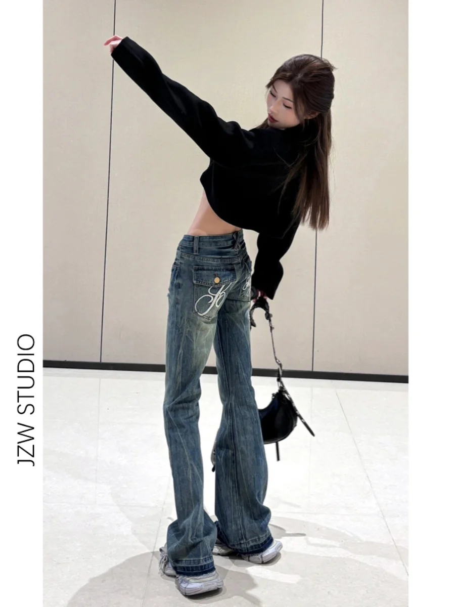 

Low Waist Bell Bottom Jeans Women's New plus Size Elastic Slimming Vintage Floor Length Hoof Pants American Design