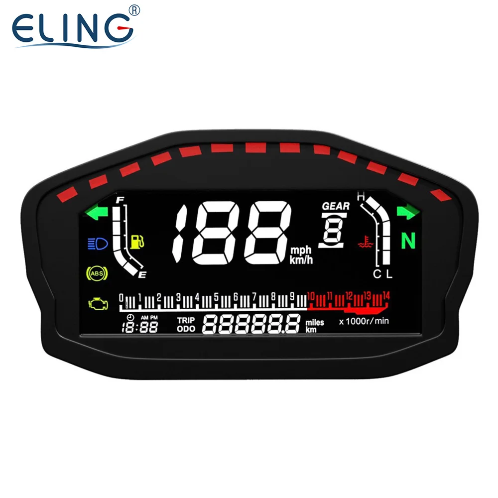 ELING LCD GPS Speedometer Tachometer Fuel Level Water Temp Mileage Multi-Function Display for Motorcycle Vehicle with Alarm