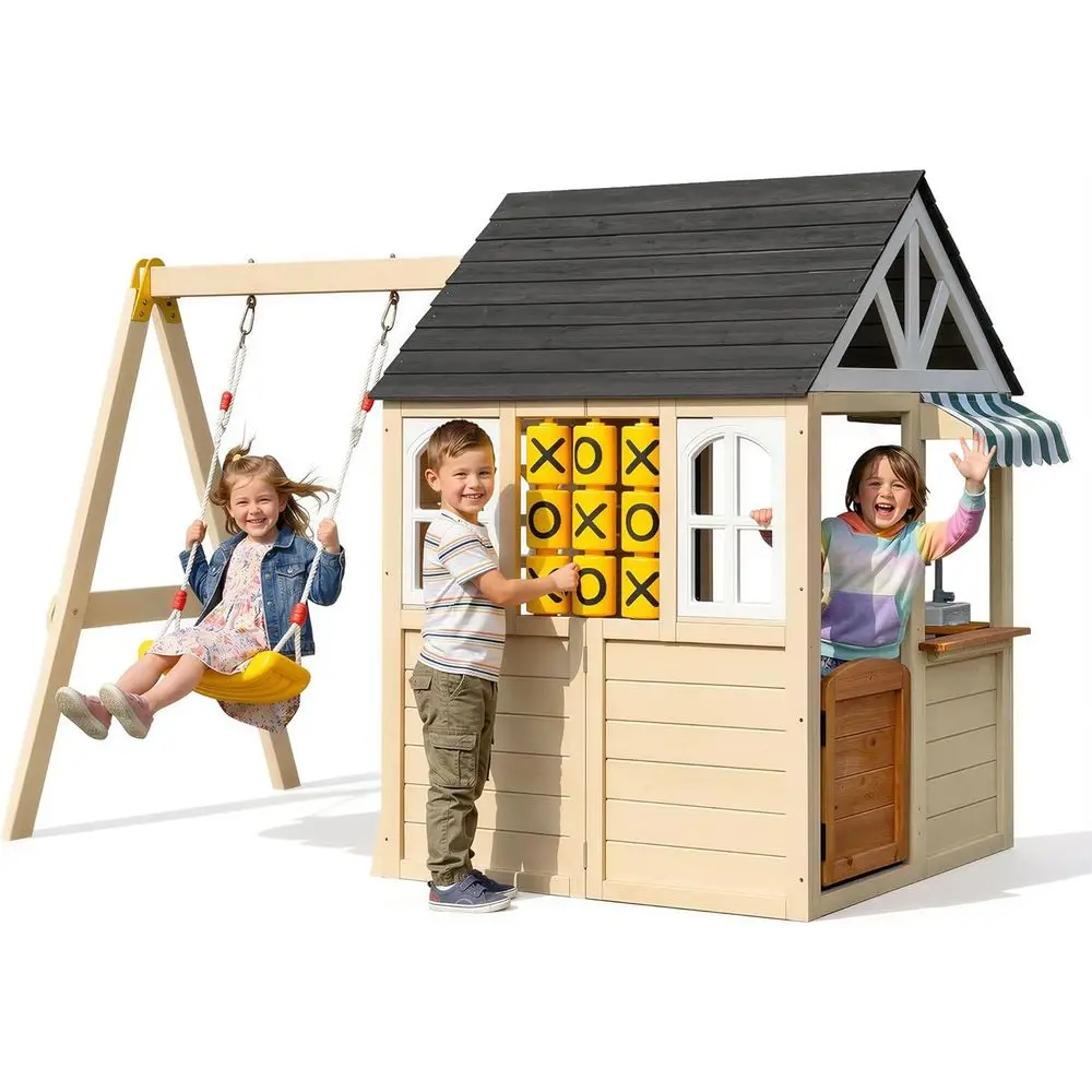 

Wooden Playhouse with Swing Set or Kids, CeWood Outdoor Playset with Tic-Tac-Toe Game, Play Kitchen, Pet Door, Space-Saving Gard