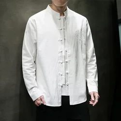 2025 Spring New Men Chinese Style Cotton Linen Shirt Men Solid Color Loose Shirts Traditional Kung Fu Tai Chi Hanfu Shirt