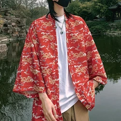 Jaqueta leve quimono estilo japonês masculino, cardigã estampado dragão, camisa de rua, quimono harajuku, tops para casal, nova chegada