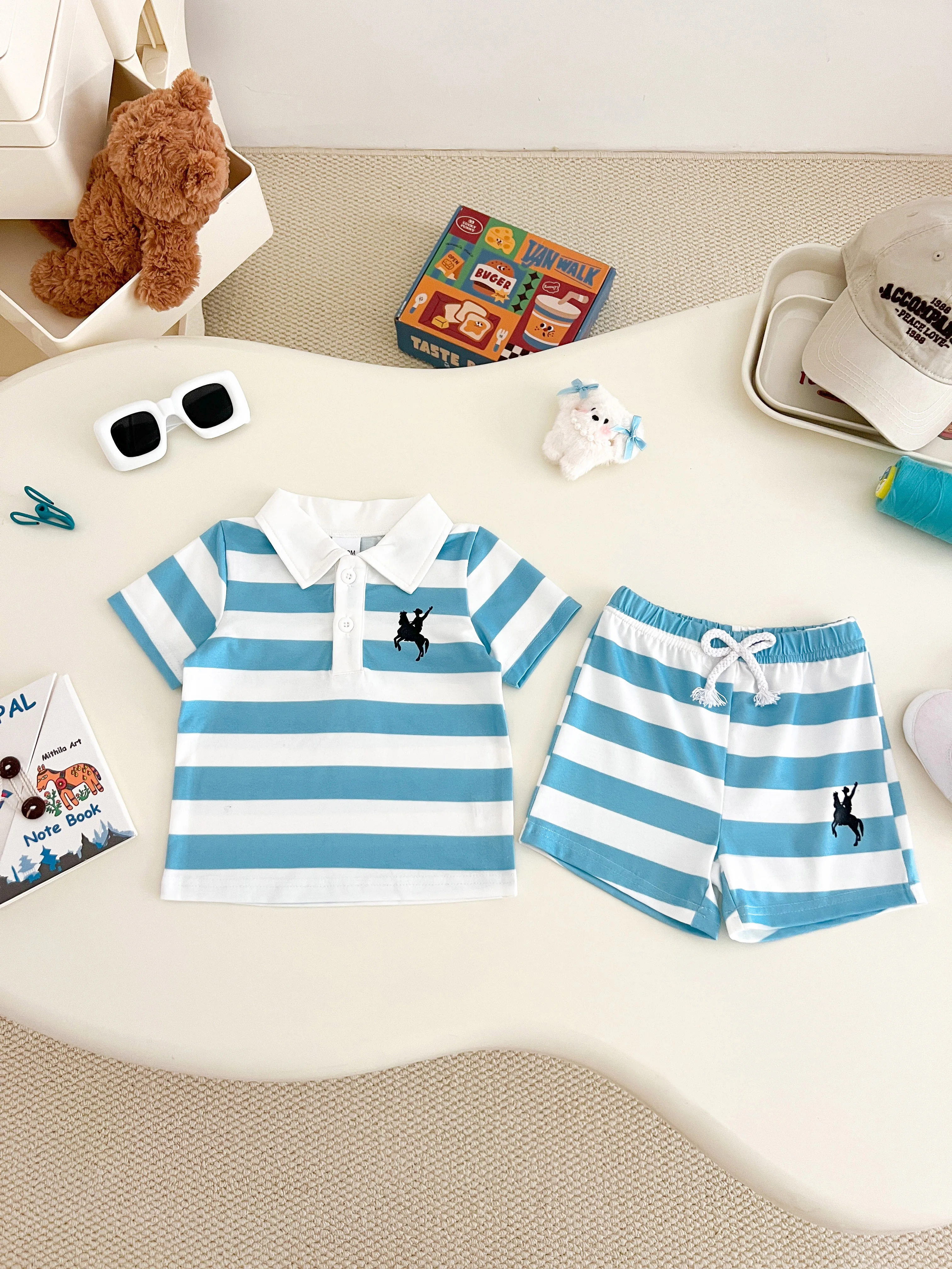 Summer  0-3  Years  Old  Infant  Baby  Boys  Short  Sleeved  Lapel  Top   And  Shorts   Casual  4-Piece  Set