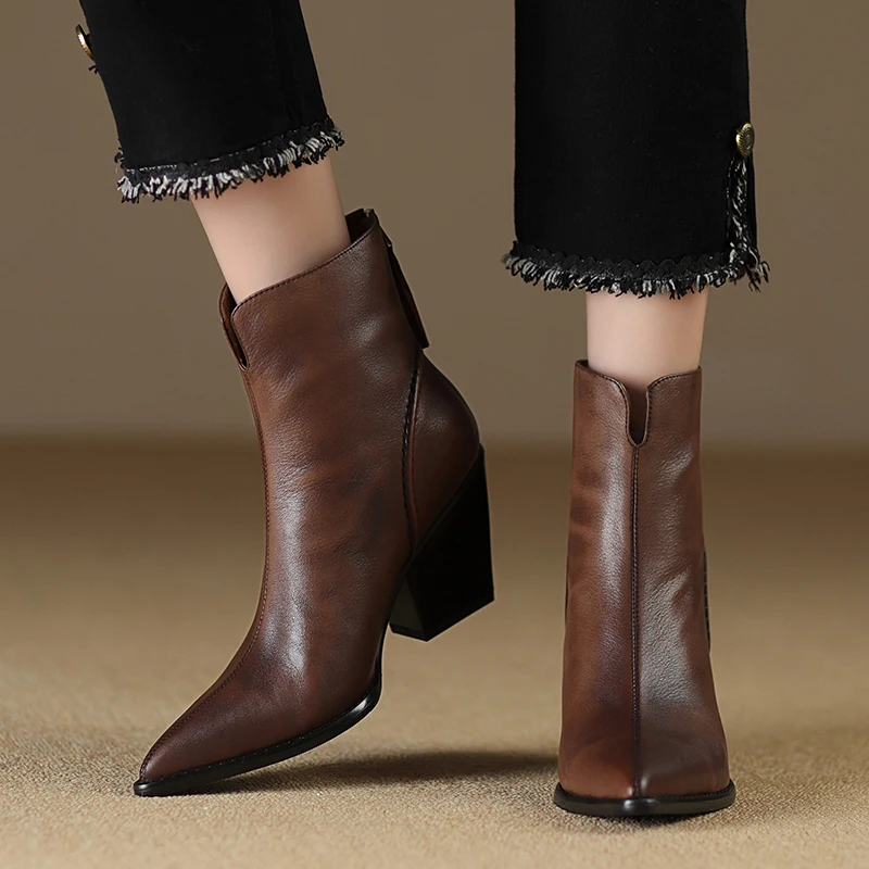 Autumn Winter Women Ankle Boots Genuine Leather Short Boots Thick Heels Pointed Toe Zipper Shoes Woman Mature Basic Office Lady