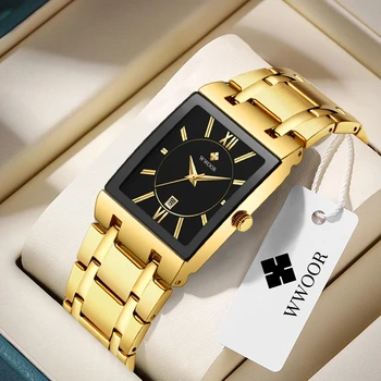 Relogio masulino WWOOR gold watch men square mens watches top brand luxury gold quartz stainless steel waterproof wristwatch