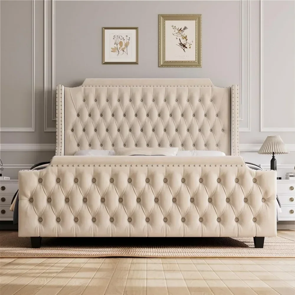 Queen Bed Frame with Deep Button Tufted Footboard 54