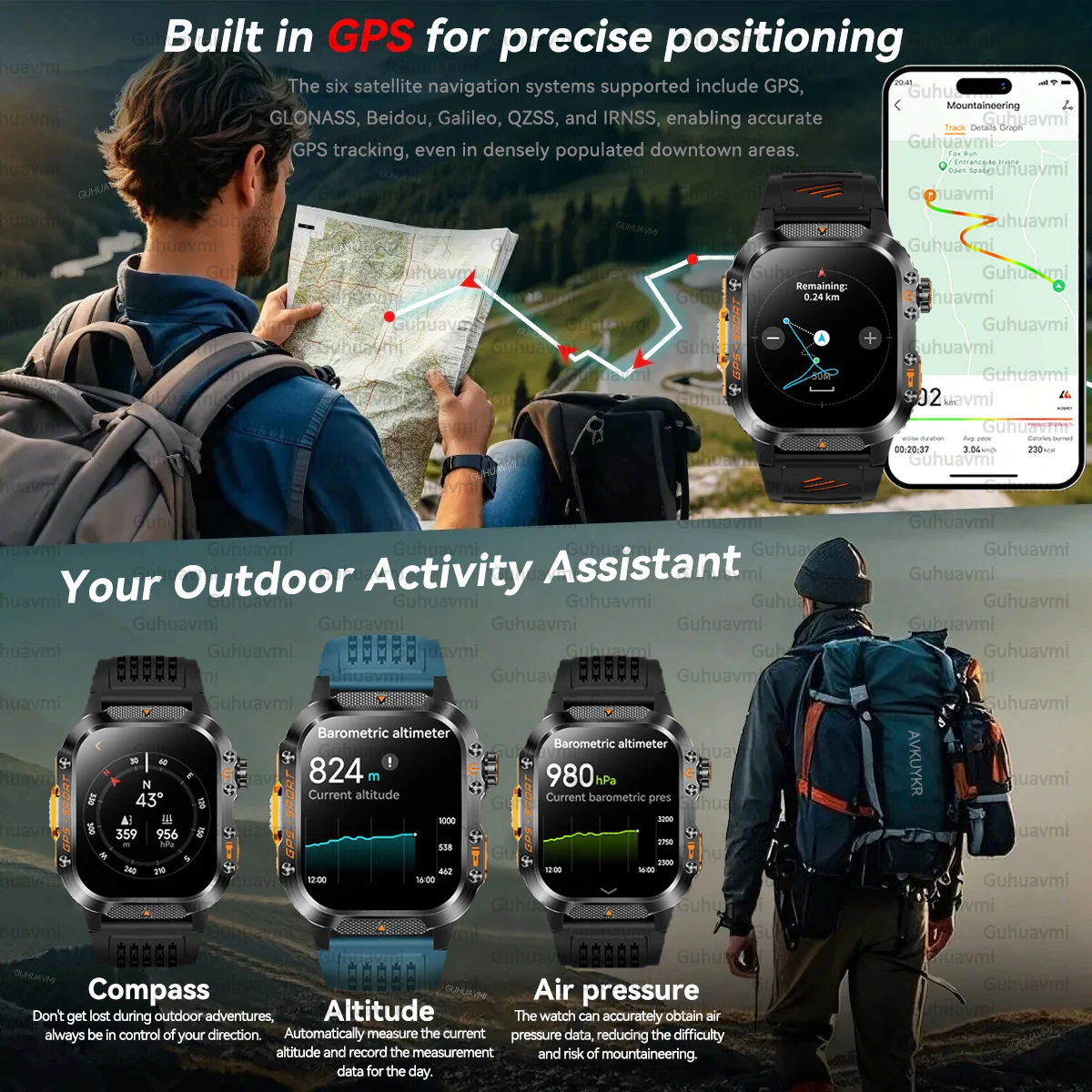 นาฬิกาอัจฉริยะ GPS ในตัว รุ่นใหม่ ปี 2025 สำหรับผู้ชาย แบตเตอรี่ 540mAh พร้อมเข็มทิศ วัดความสูง วัดความกดอากาศ ไฟฉาย โทรออกด้วยเสียง สายรัดข้อมือสำหรับเล่นกีฬาและว่ายน้ำ