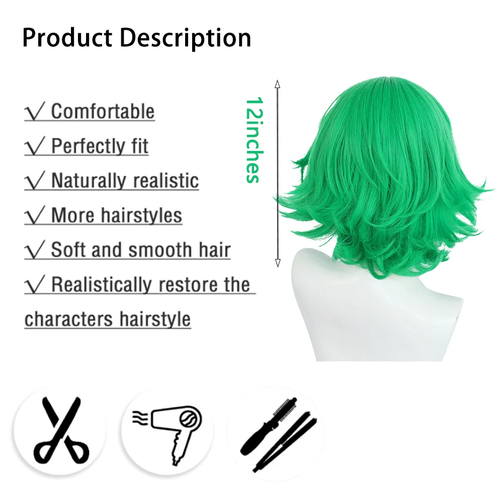 Anime One Punch Man‌‌ Tatsumaki Cosplay Synthetic Hair 12-Inch Green Upturned Curly Hair Halloween Daily Wig Heat Resistant
