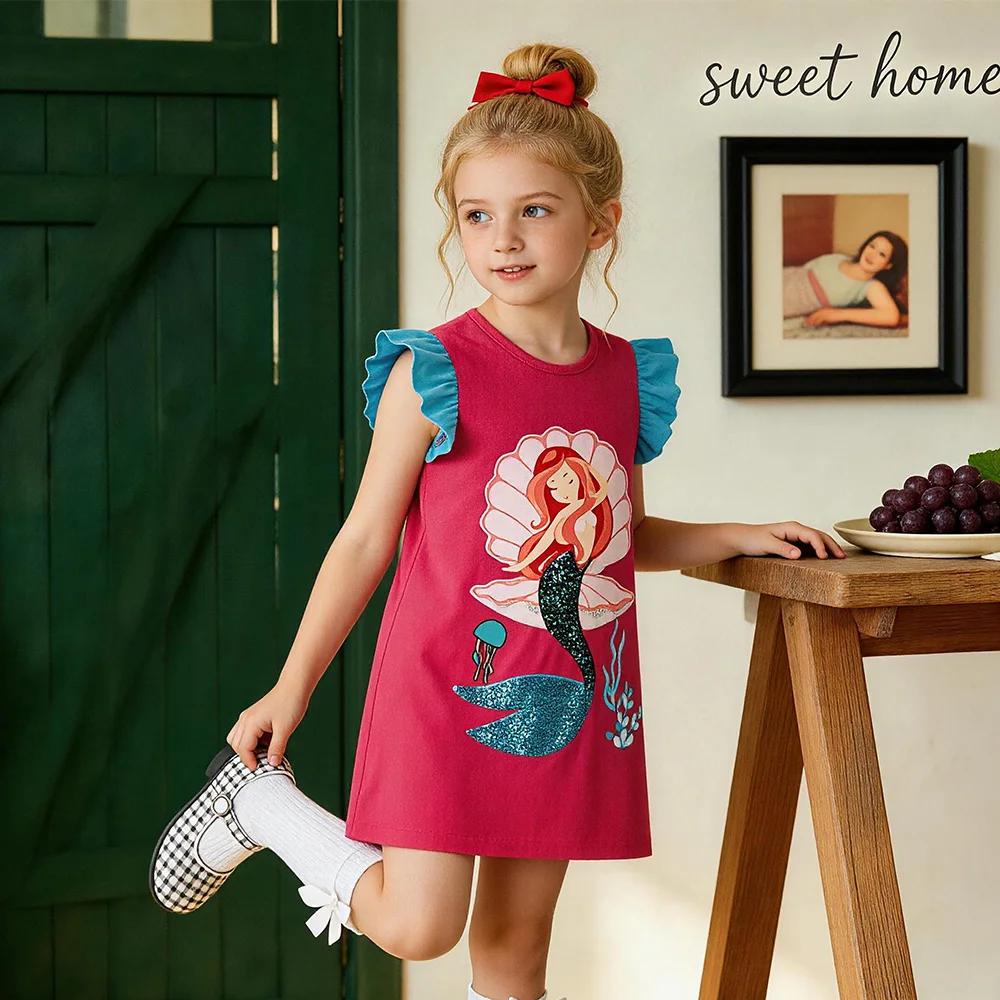 Girls Cute Mermaid Print Dress Kids Flare Sleeve Pink Summer Vestidos Kids Straight Cotton Casual Daily Soft Outfits Frocks