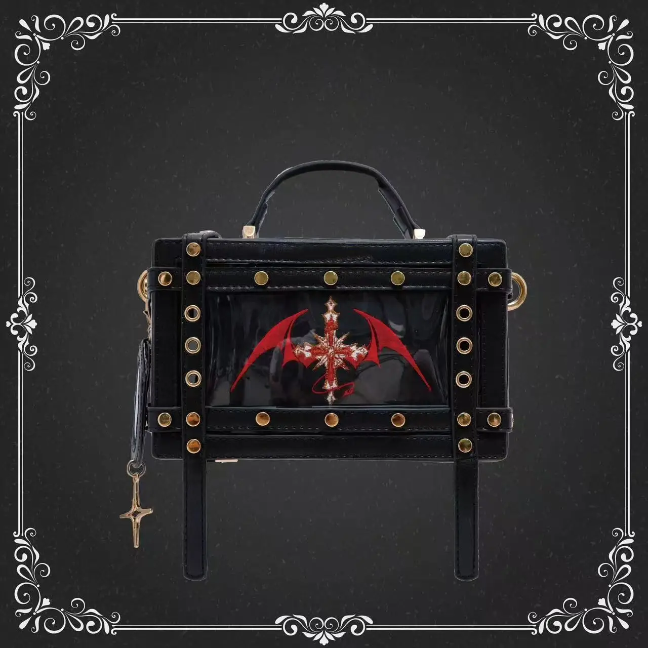 JIAERDI Hot Girl Dark Style Punk Tote Bag Women Rivet Leather Square Shoulder Bag Ladies Gothic Lolita Bat Handbag Crossbody Bag