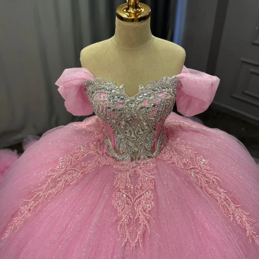Off The Shoulder Beading Crystal Glittering Tiered Tulle Embroidery Flowers Ruffles Ball Puffy Princess Evenning Wedding Dress