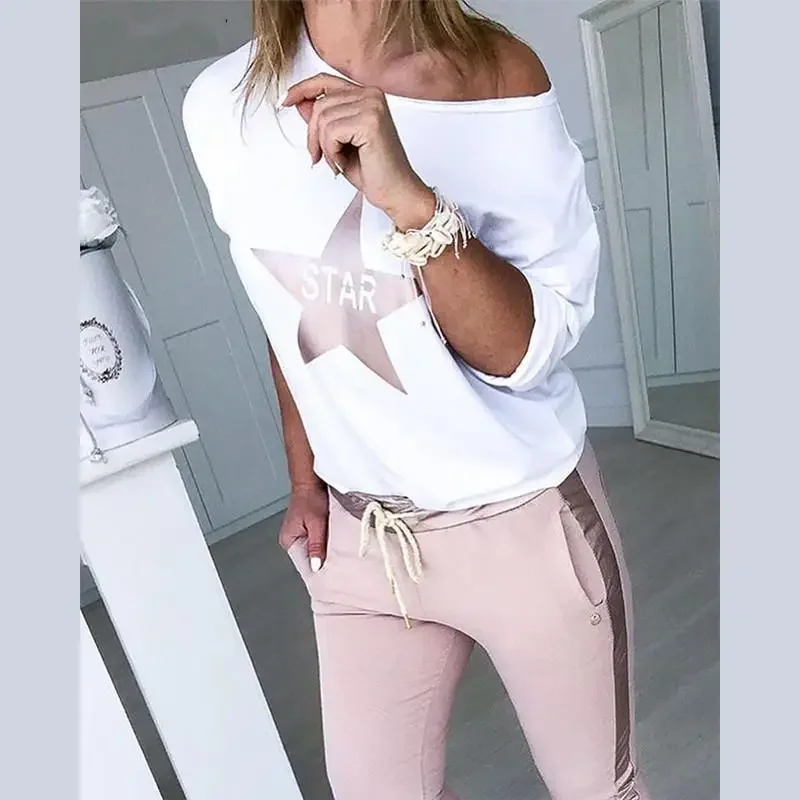 

Casual Sports Suit Fashion O-neck Pentagram Printed Half Sleeved Pullover High Waist Lace Up Spliced ​​trousers Two Piece Set