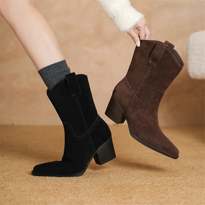 New Autumn Winter Cow Suede Women Boots Fashion Pointed Toe Shoes for Women Handmade Short Boots Chunky Heel High Heels Boots
