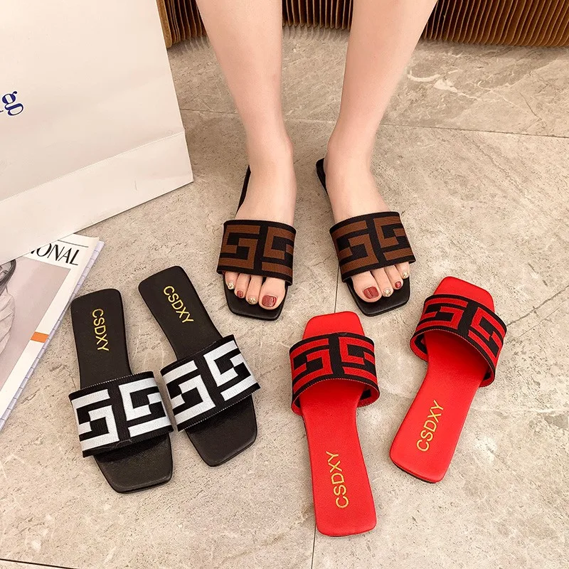 Summer New Design Women Letter Slippers Woman Fashion Mules Slides Flat Heels Ladies Flip Flop Beach Slippers Female Size 42