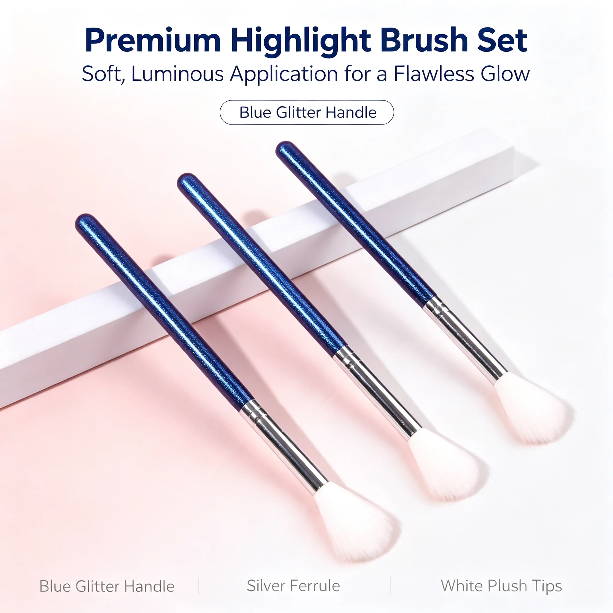 3Pcs Highlighter Makeup Brushes Set,Precision Powder Brushes for Highlight, Shimmer & Luminous Makeup, Beauty Tools