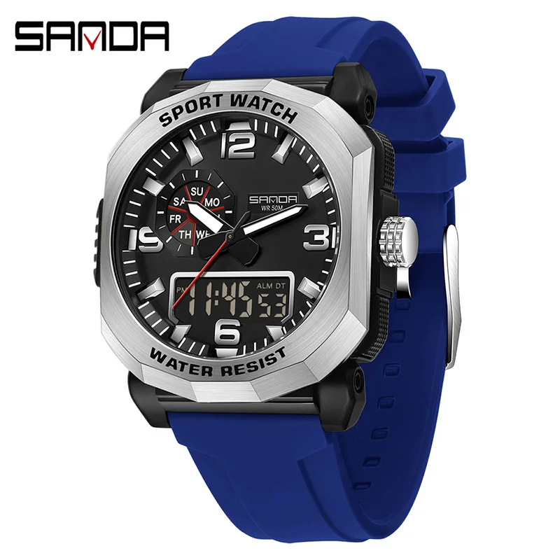 Мужские электронные часы SANDA 3370, многофункциональные модные трендовые наручные часы для улицы с двойным дисплеем и силиконовым ремешком для подростков