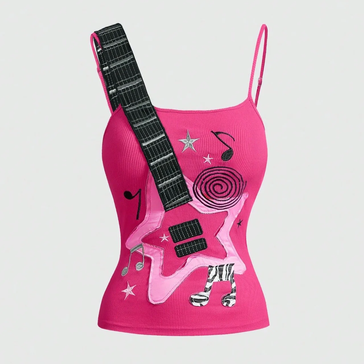 Punk rock spicy girl elastic knitted sleeveless vest Y2k shirt retro gothic avant-garde clothing guitar note printed vest