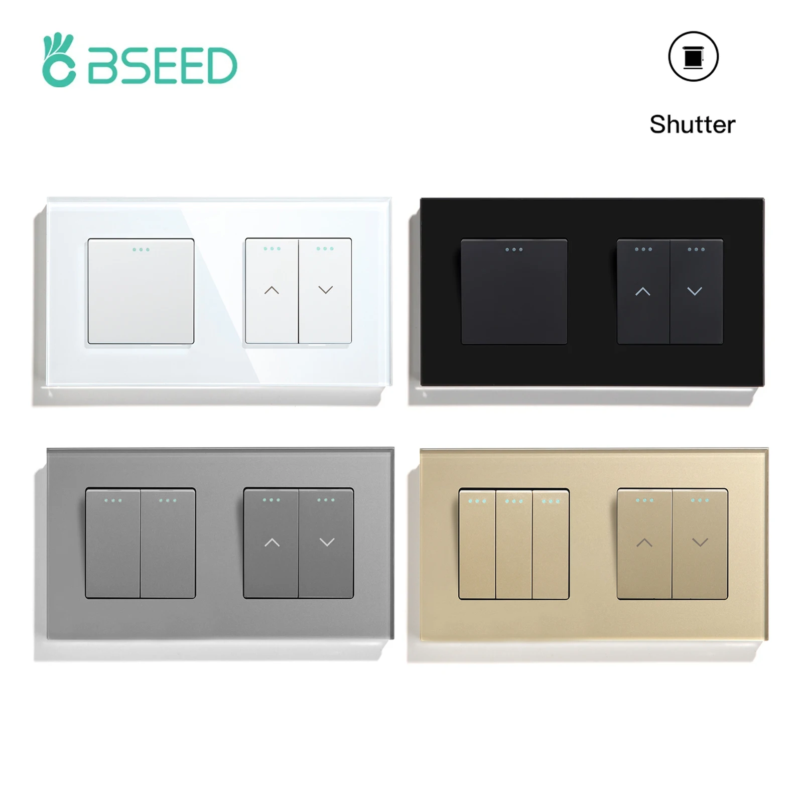 

BSEED 1/2/3Gang Mechanical Light Switch 1Way Plus Curtain Push Button Roller Shutter Switch Double Blind Switches Glass Panel