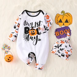 Baby Autumn unisex Cotton Long Sleeve Print Pumpkin&Letter For Halloween Day Jumpsuit