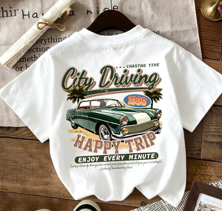 2026 T‑Shirt Kids Adults Y2K Aesthetic Classic Old‑Vehicle Graphic Print Oversized Sleeve Casual Hip Hop Family‑Matching Tee