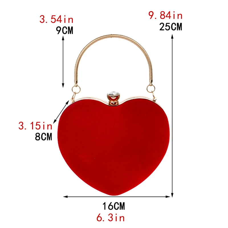 Velluto acrilico diamanti a forma di cuore rosso/nero borse da sera mini pochette borsa con tracolla a catena borsa da sera per il matrimonio