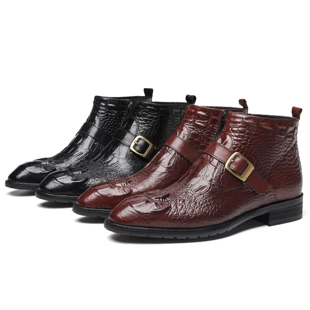 Men's Buckle Leather Boots Cowhide Genuine Leather Crocodile Embossed Ankle Boots Men's Zipper Pointed Toe Business Short Boots