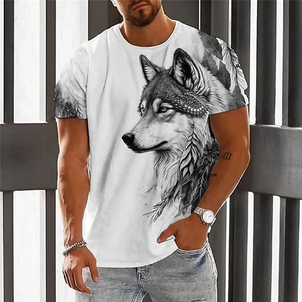 New Men\'s Fashion Versatile Round Neck Short-Sleeved T-Shirt 3d Printed Wolf Pattern Tops Tees Summer Outdoor Men\'s Clothing