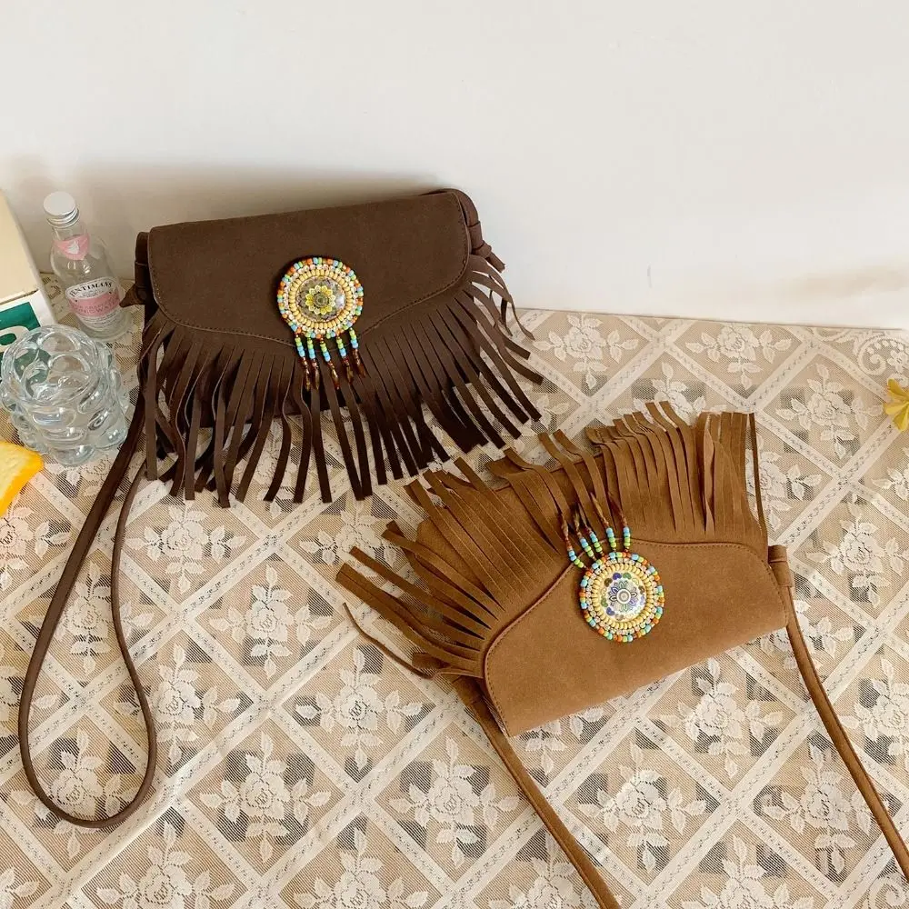 

Корейская стильная сумка через плечо с кисточками, винтажная большая вместительная замшевая сумка через плечо из искусственной кожи, сумка в богемном стиле в этническом стиле для девочек