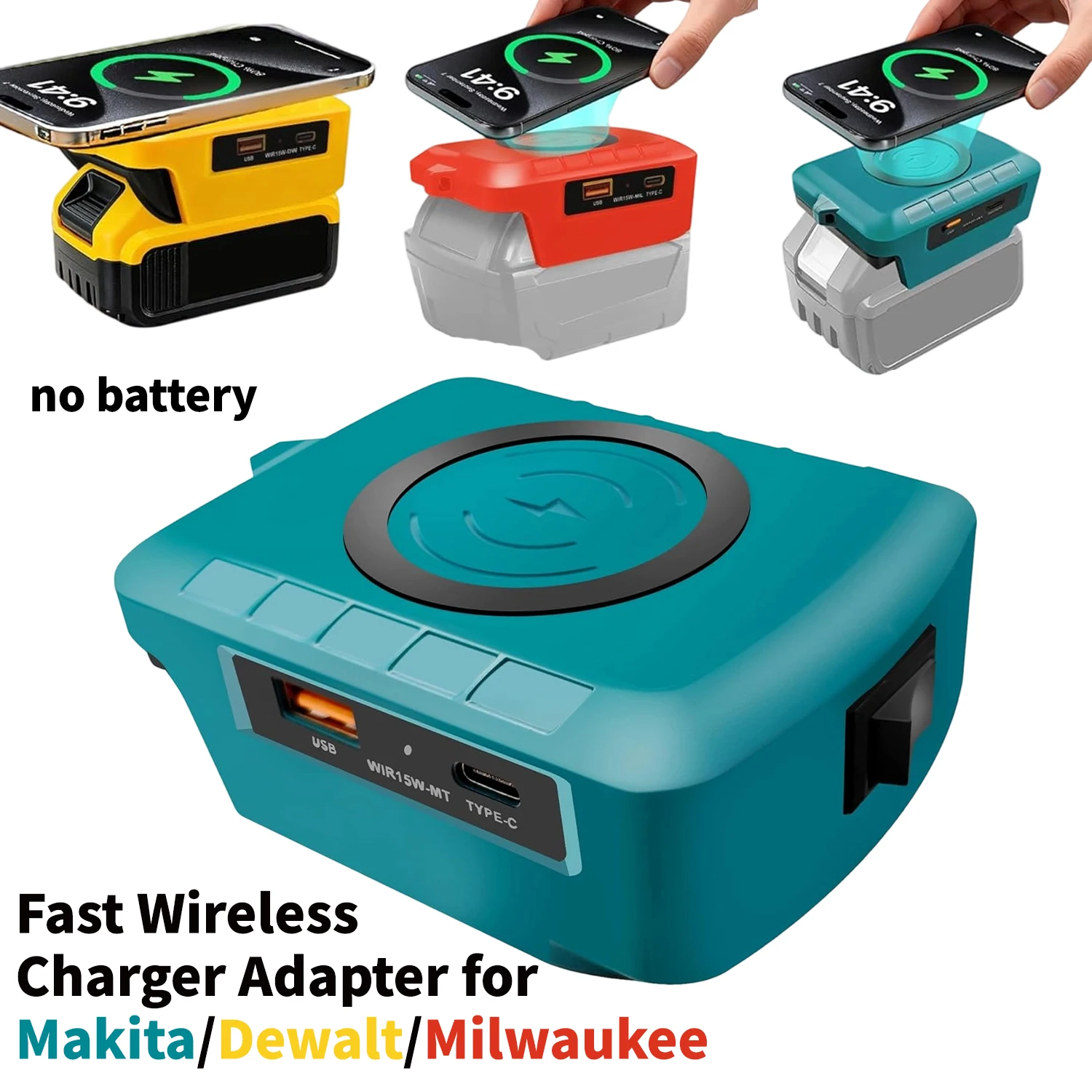 Fast Wireless Charger Adapter for Makita/Dewalt/Milwaukee 18 V Li-ion Battery With USB&Type-C Charge Port Portable Power Bank