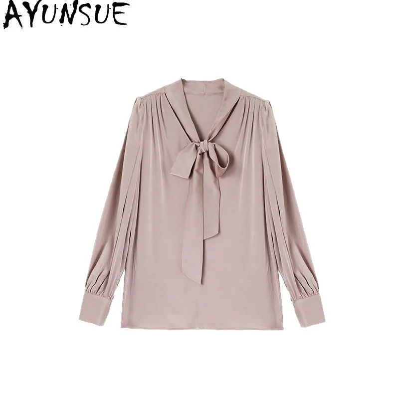 

Tcyeek 19Momme 92.3% Шелковая блузка из тутового шелкопряда для женщин, элегантные однотонные блузки с длинным рукавом, женские топы с бантом, 2026