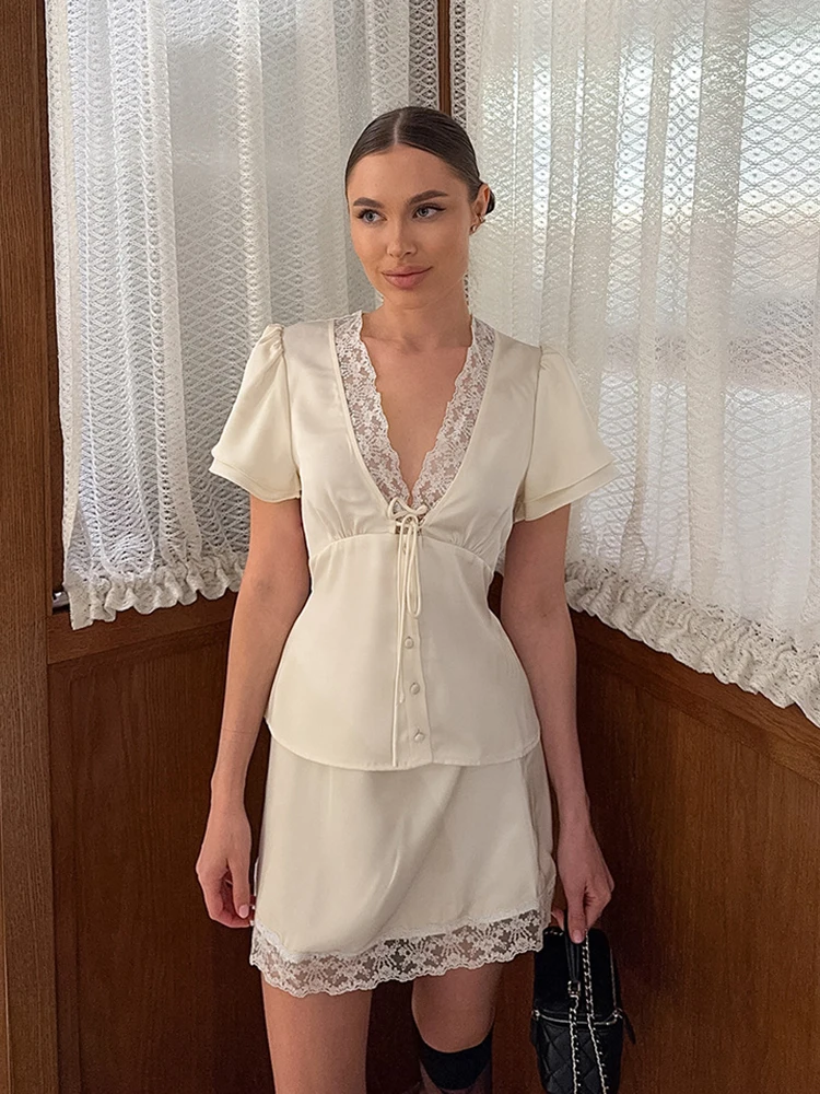 Women's Satin Lace 2-Piece Set: V-Neck Top and Mini Skirt