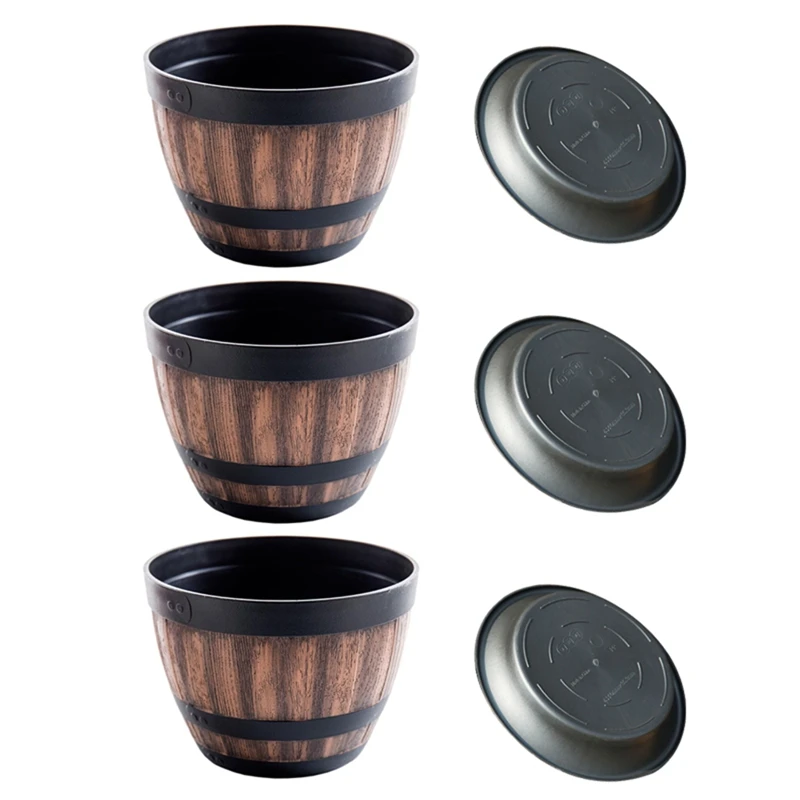 

Flower Pots, Whiskey Barrel Flower Pots, Plastic Flower Pots Imitation Wine Barrel Design,For Garden Plants(3PCS)