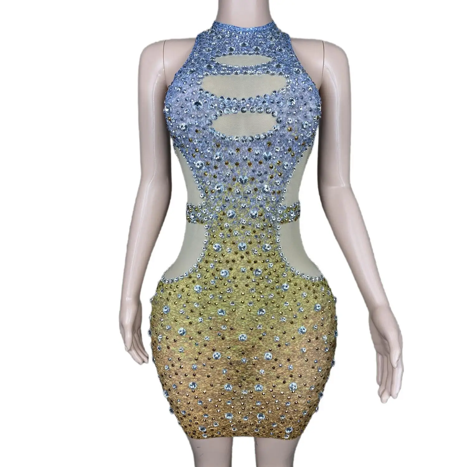 Vestido de noite sem mangas feminino com diamante de água falso oco design hip envoltório saia para jantar de celebridades tapete vermelho bola